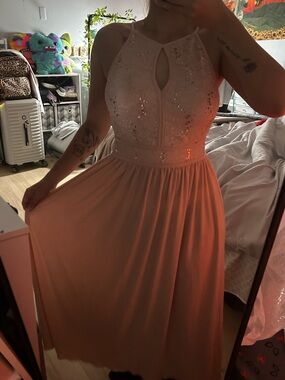 Morgan & Co. Blush Pink Sequin Halter Midi Dress